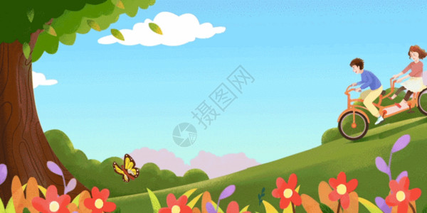 春天草和树情侣骑行插画GIF高清图片