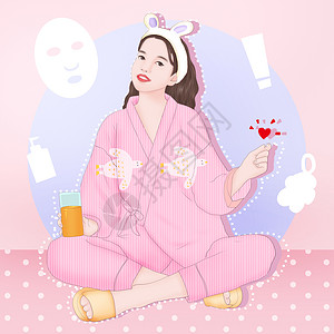 做面膜女生手绘清新睡衣美女插画