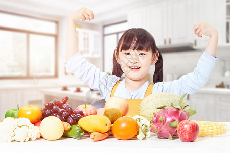 小女孩手拿蔬菜儿童饮食设计图片