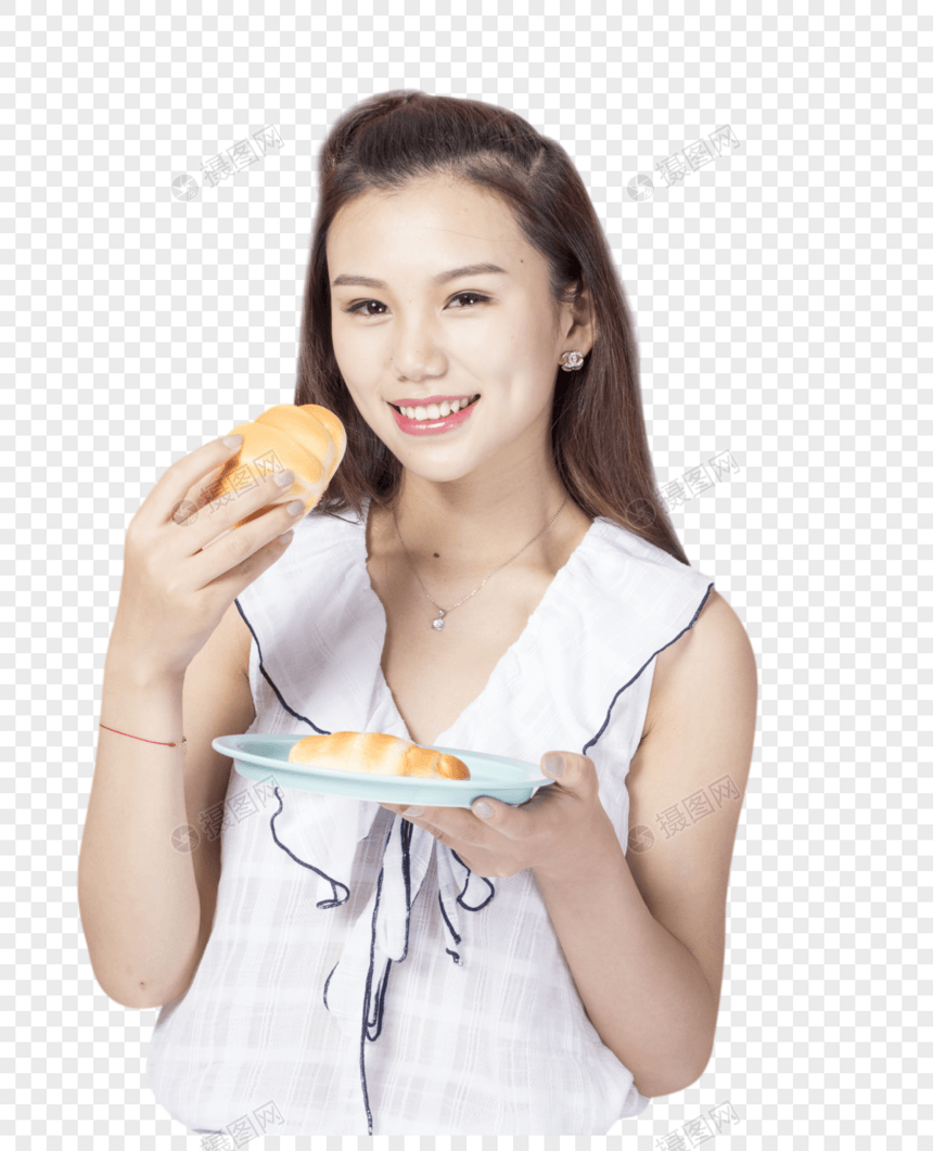 拿着面包的青年女性图片