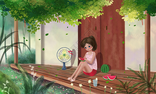 吃瓜的女人夏日吃瓜插画