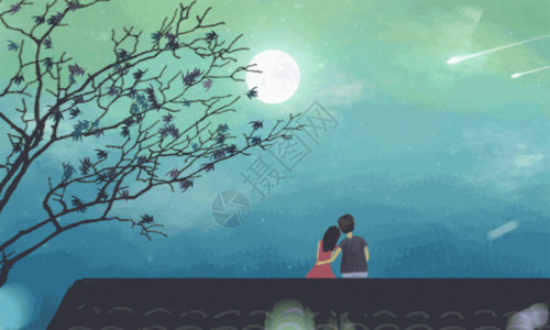 坐屋顶情侣夜晚看月亮 插画GIF高清图片