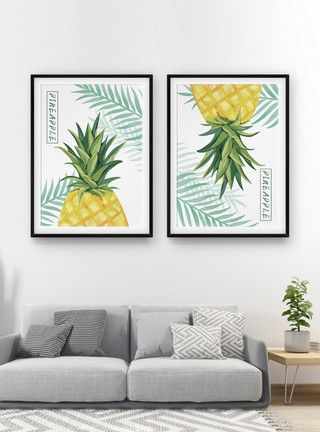 可爱卡通水果清新水彩菠萝水果二联装饰画模板