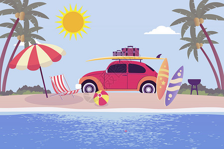 简约小清新手绘假期海边度假插画图片