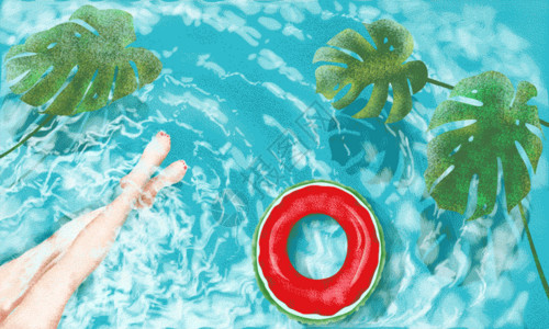 红色游泳圈凉爽的夏季泳池GIF高清图片