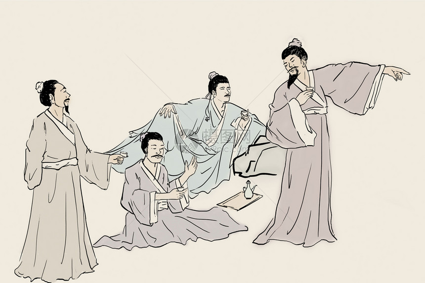 文人骚客酌酒品茗扶琴插画图片