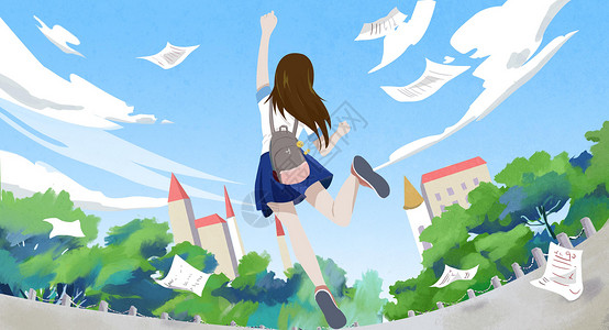 毕业季出国留学女孩考完开心毕业放学画面插画