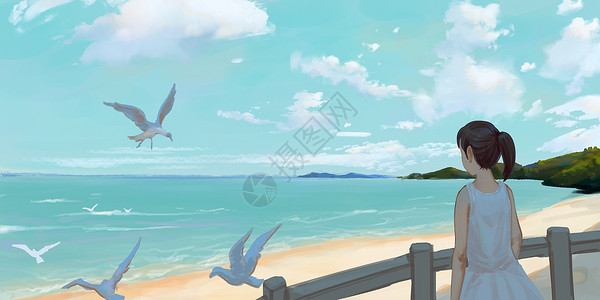 小清新夏日海边夏天海边女孩插画