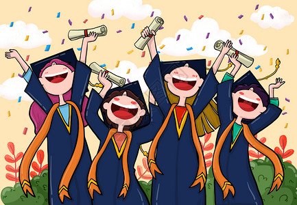 手绘毕业学士帽开心欢呼毕业季的男孩女孩插画