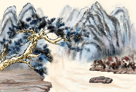 写实风松树水墨的山水树木插画