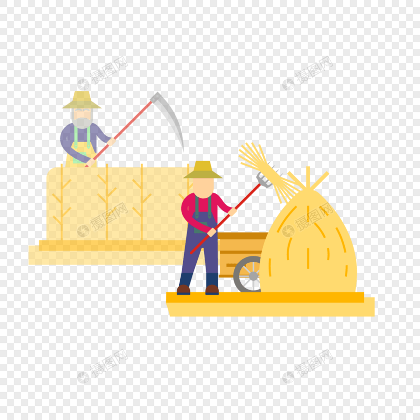两个戴帽子的农民在整理麦垛图片