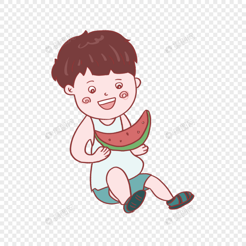夏天小男孩在吃西瓜图片