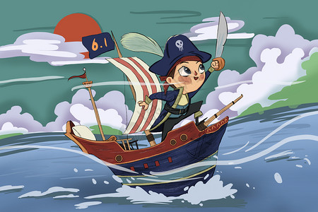 玩海盗船的男孩六一儿童节治愈清新插画插画