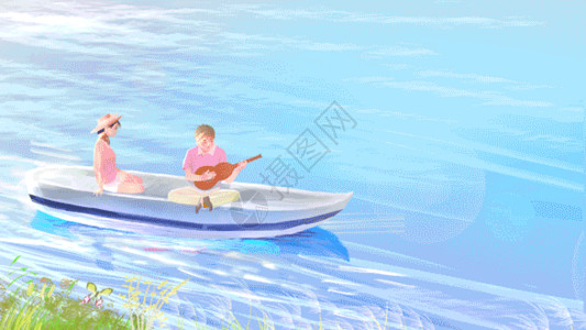年轻情侣微笑我们在小船上插画GIF高清图片