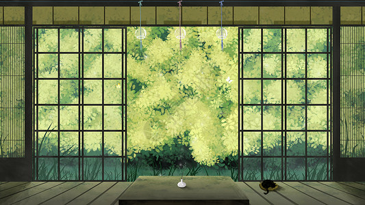 猫窗户清新中国风庭院插画