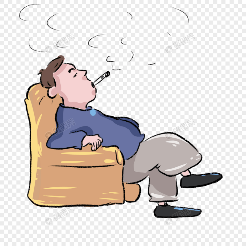 手绘男生坐在沙发上吸烟漫画图片