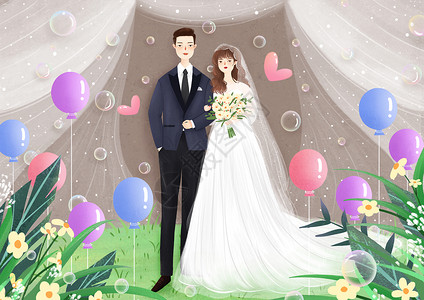 婚纱照的情侣浪漫婚礼插画