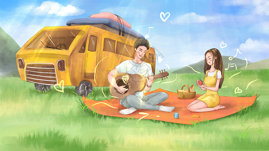 吉他旅行浪漫野餐插画