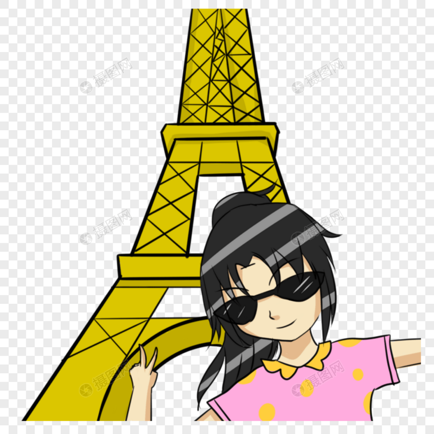 一个女孩站在埃菲尔铁塔前拍照图片