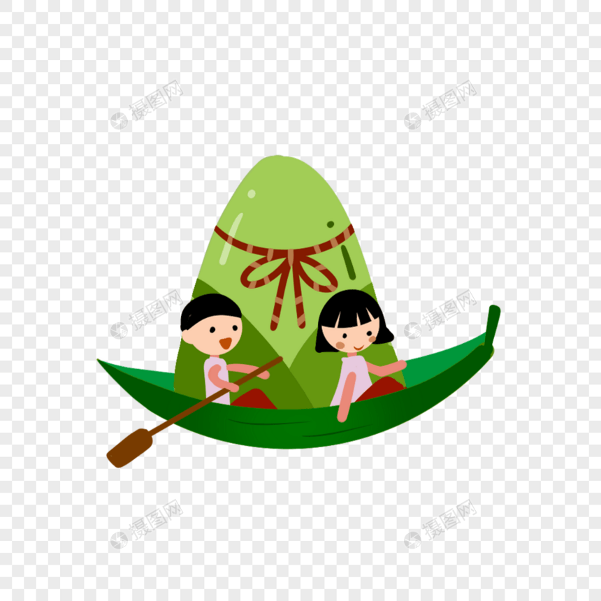 男孩女孩在粽叶做的船上划船图片