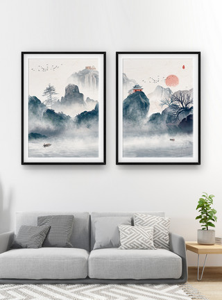 剑术背景画中国风山水水墨画装饰画模板