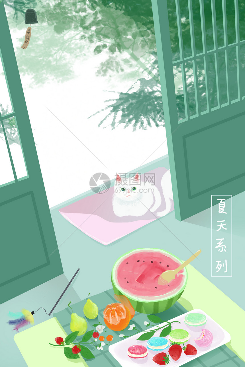 原创清新唯美夏天猫咪板绘插画图片