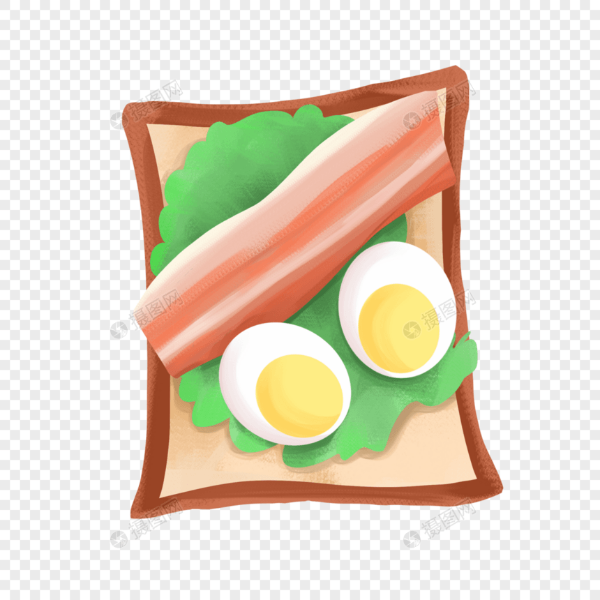 夏天早餐清新培根鸡蛋青菜面包片手绘装饰图案图片