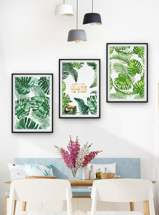 时尚潮流三联框装饰画时尚简洁绿色热带植物火烈鸟装饰画模板