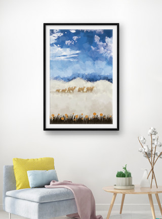 风景蓝天白云沙漠骆驼油画客厅沙发背景墙装饰画模板