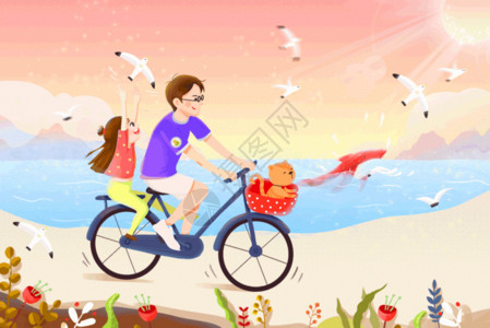 手绘自行车遇见海边秘密世界高清图片