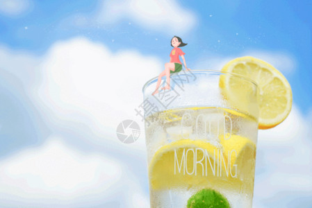 夏天饮料茶饮夏季坐在柠檬汁上吹吹风gif高清图片