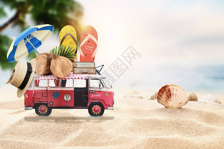 海边沙滩椰树汽车旅行设计图片