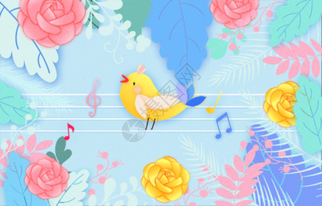 黄色玫瑰剪纸小鸟插画gif动图高清图片