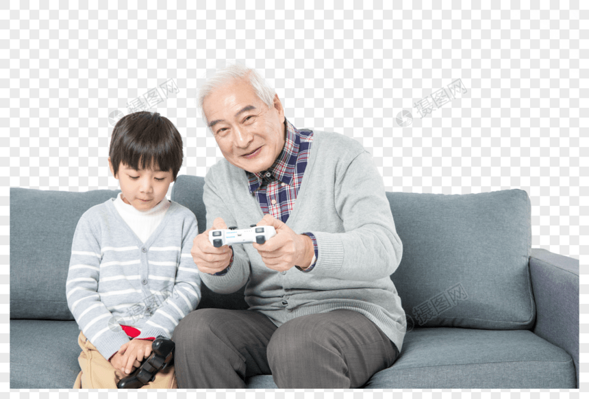 爷孙俩在沙发上打游戏图片