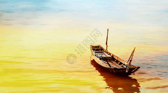 油画房子夕阳余晖下的渔船gif高清图片