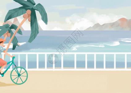 海边散步的姑娘夏日插画gif高清图片
