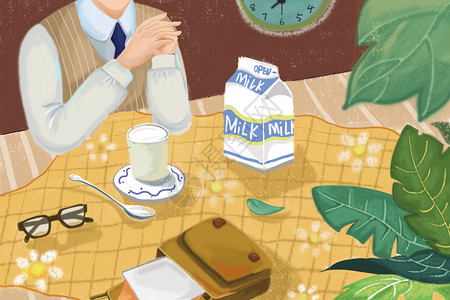 牛奶什锦早餐喝牛奶的上班族插画