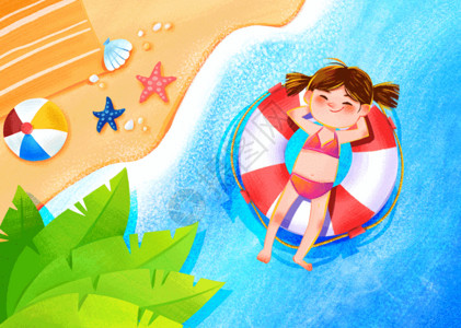 迷人比基尼女孩夏日度假的海滩小清新风插画gif高清图片