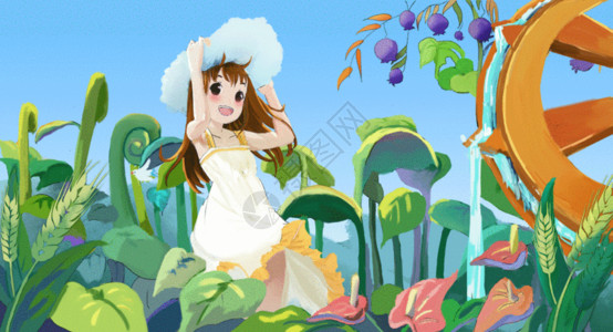 年轻少女节气植物生长水车浇灌插画gif高清图片