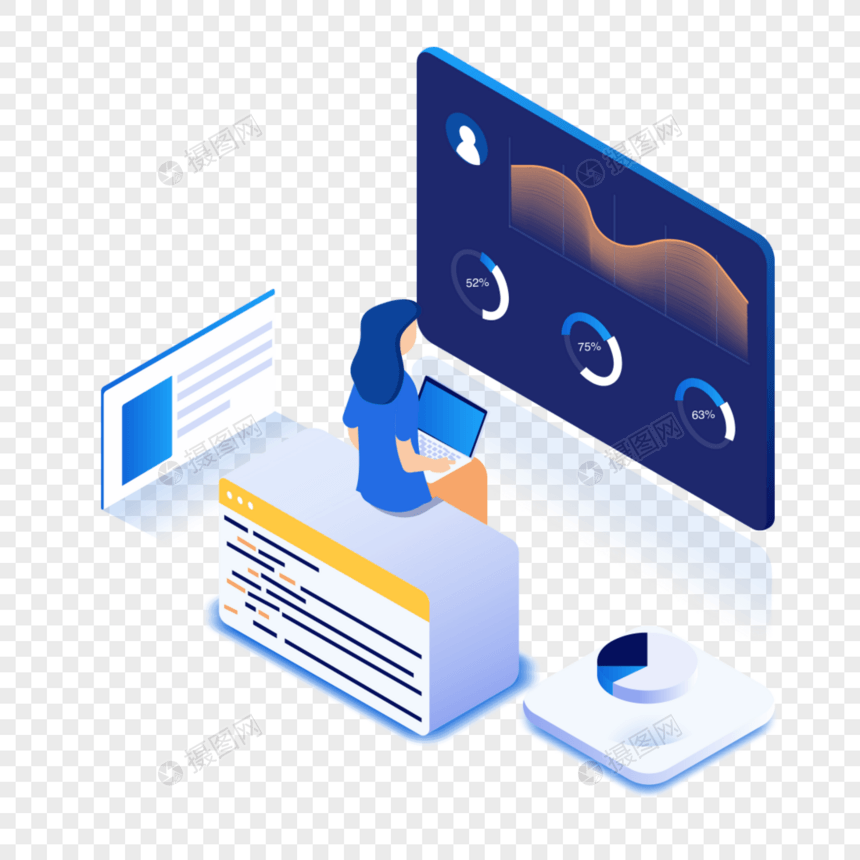 数据分析数据管理数据统计2.5D商业插画轴测图免抠素材图片