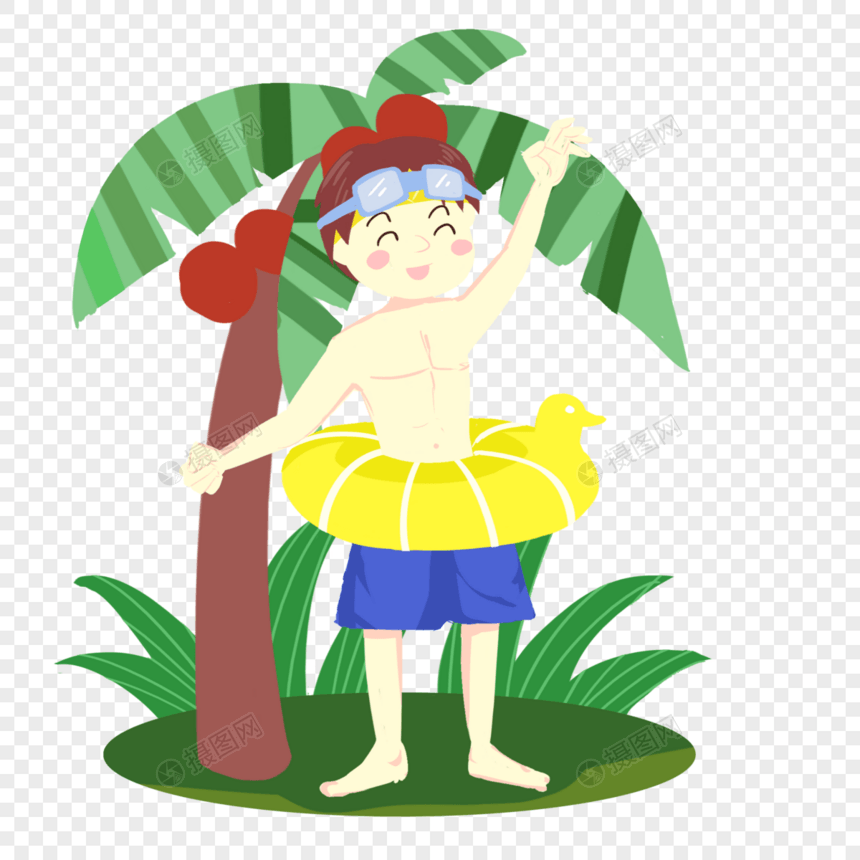 椰树下戴着游泳圈的男孩图片