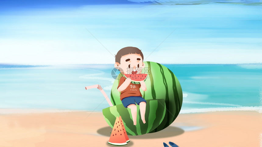 夏天吃西瓜的男孩插画图片