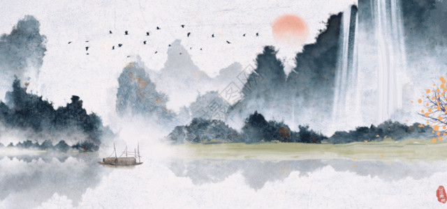 禅意园林中国风山水水墨画GIF高清图片