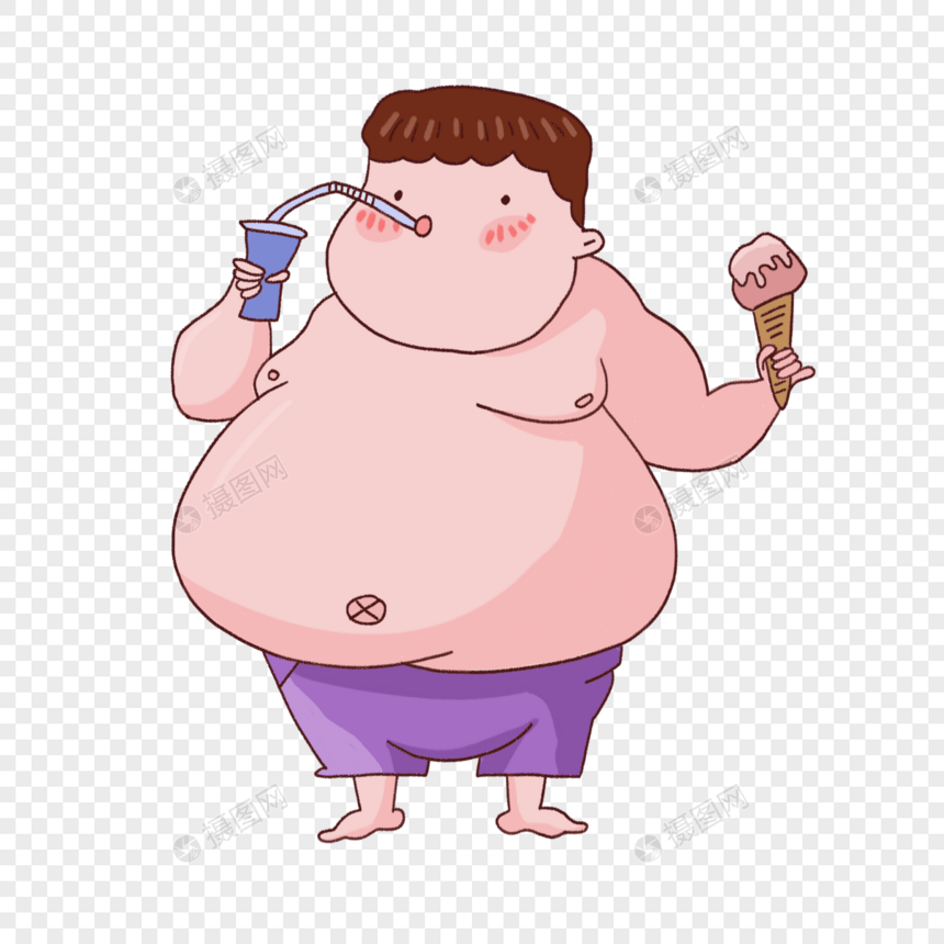 夏天胖胖的男孩喝汽水冰淇淋
