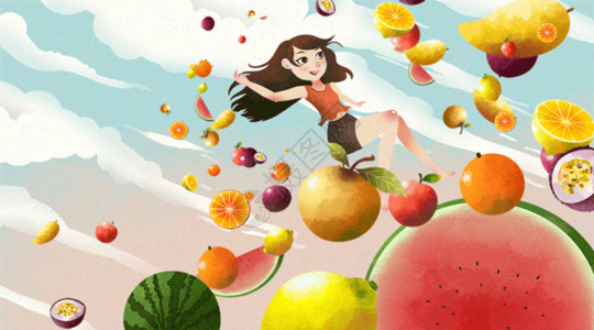 西瓜橙子装饰水果乐插画gif动图高清图片