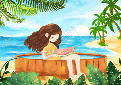 西瓜椰子树装饰小女孩海滩插画gif动图高清图片