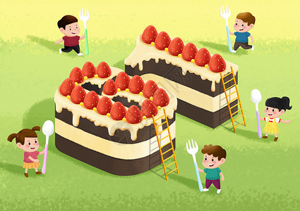 草莓戚风蛋糕儿童节蛋糕插画