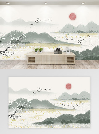 唯美边框中国风水墨山水背景客厅背景墙模板