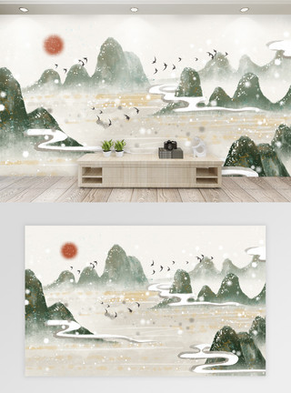 唯美边框中国风水墨山水背景客厅背景墙模板