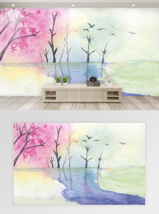 创意水彩风景画水彩风景画背景客厅背景墙模板